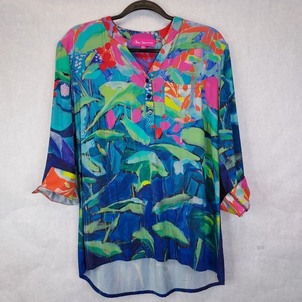 Claire Desjardins Tunic Top Womens S 3/4 Sleeve Watercolor Abstract Garden Artsy